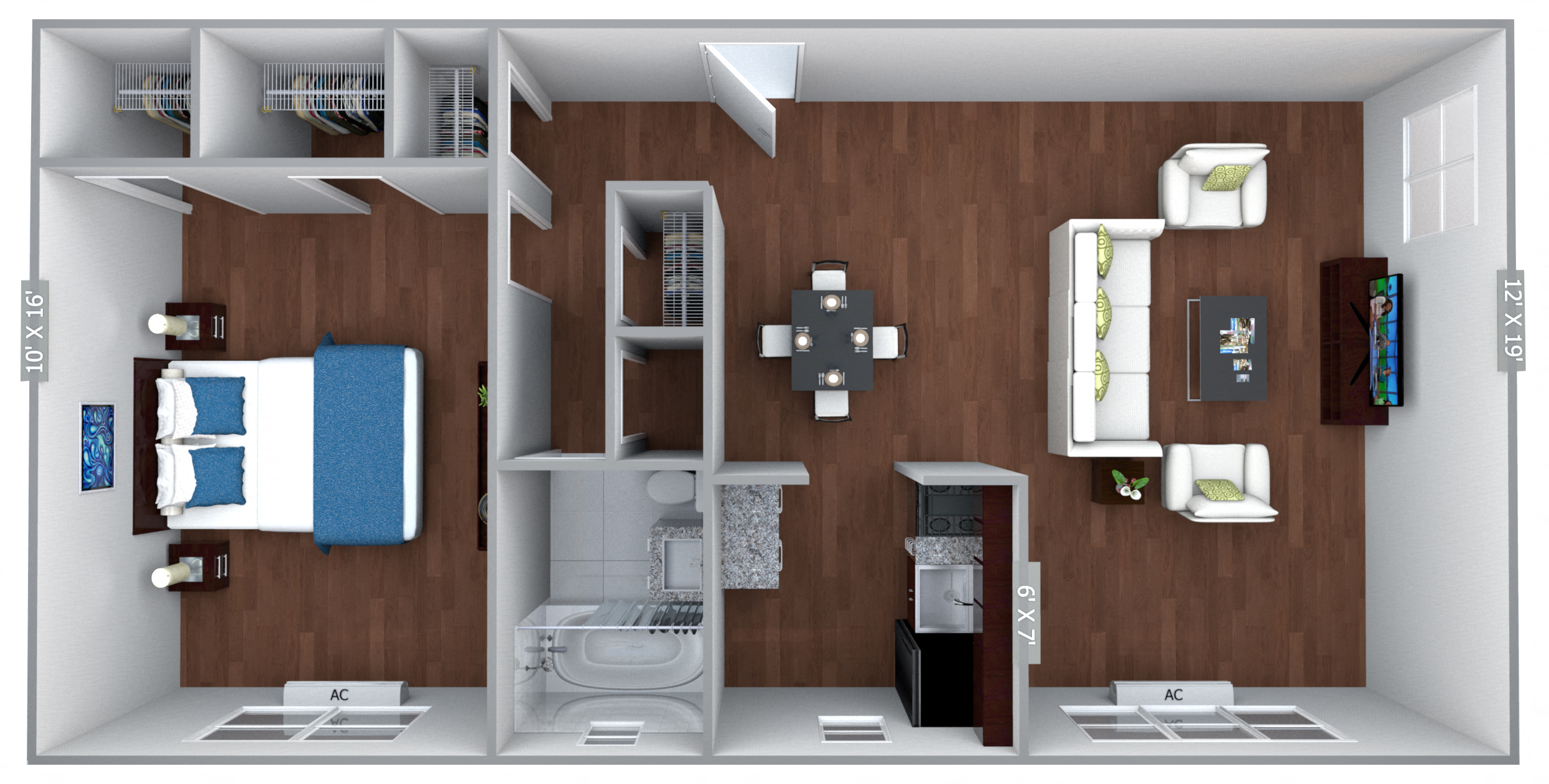 Floor plan for 1 bed, 1 bath, 703 sqft